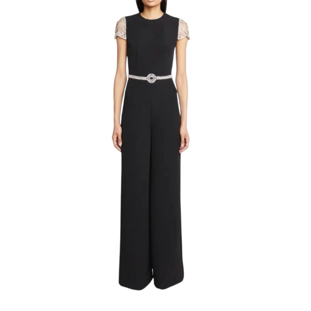 Elie Saab Crystal Wide-Leg Crepe Jumpsuit w/ Belt - Picture 1 of 5